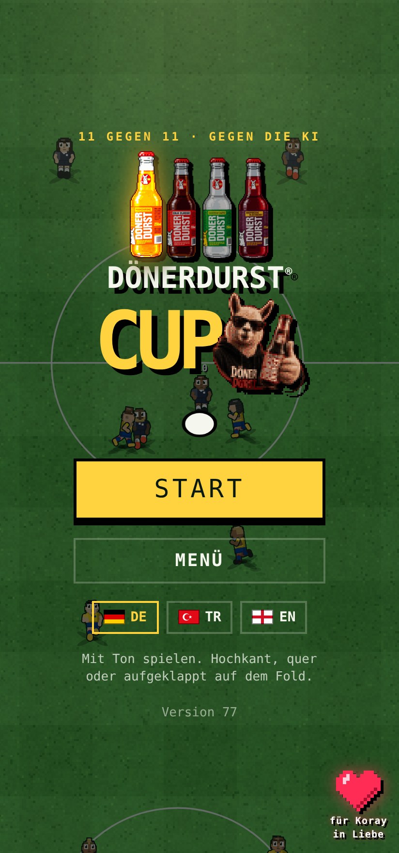 Startbildschirm des Dönerdurst Cup mit Start-Button und Sprachauswahl
