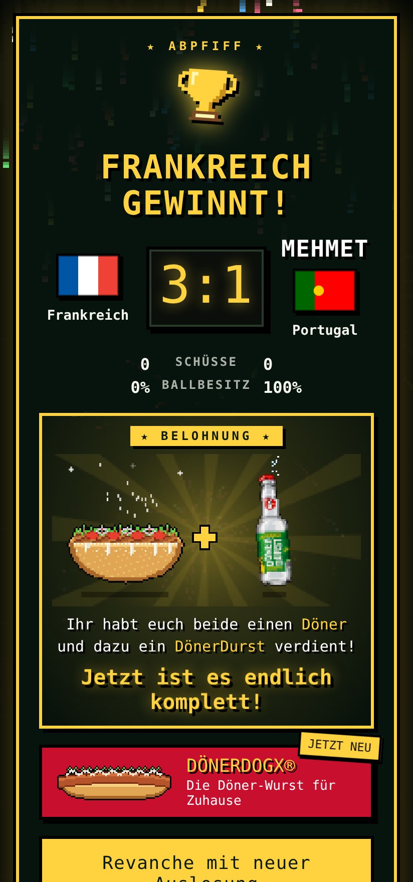 Spielende im Dönerdurst Cup — Frankreich gewinnt 3:1, Belohnung: Döner und DönerDurst